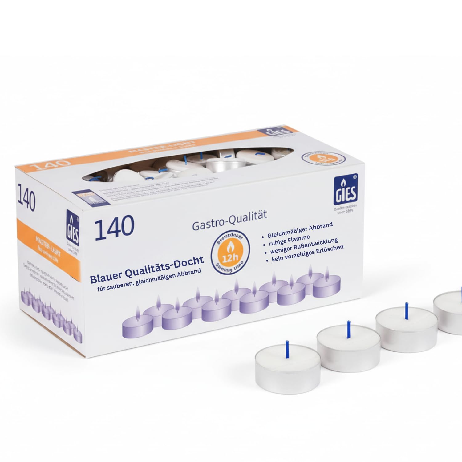 Gies Master-Lights, Ø 48 mm, in Metallhülsen, 140er-Karton weiss