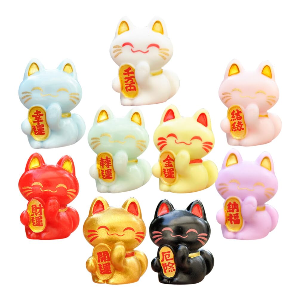 Kichvoe Mini Ma- Ne- Lucky Cat Figurines 9PCS Miniature Japanese Cat Statue Cute Fortune Feng Shui Kitten Figure for DIY Bonsai Micro Landscape Cake