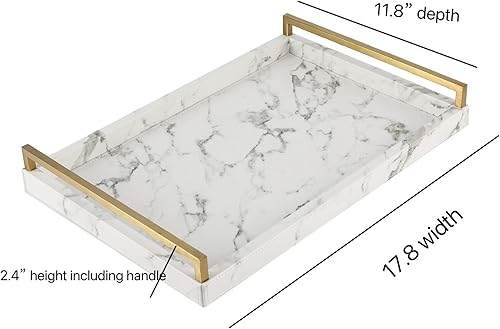 Miniatura 4 de WV - Bandeja para servir de piel sintética con mango de acero inoxidable cepillado Ti-Gold, con textura de papel rugoso o mármol.