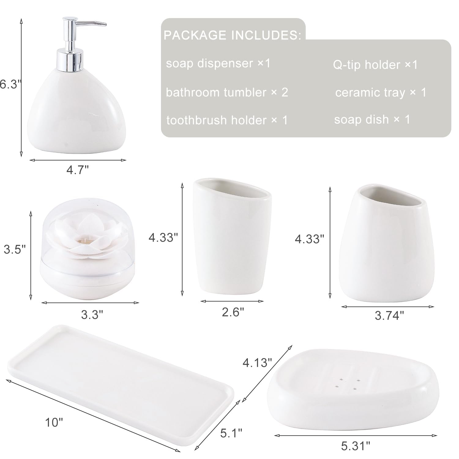Keramik-Badezimmer-Zubehör-Set, 7-teiliges Arbeitsplattenzubehör, inklusive Seifenspender, Zahnbürstenhalter, 2 Becherbecher, Seifenschale, Kunststoff-Schminktablett, Qtip Halter (weiß)