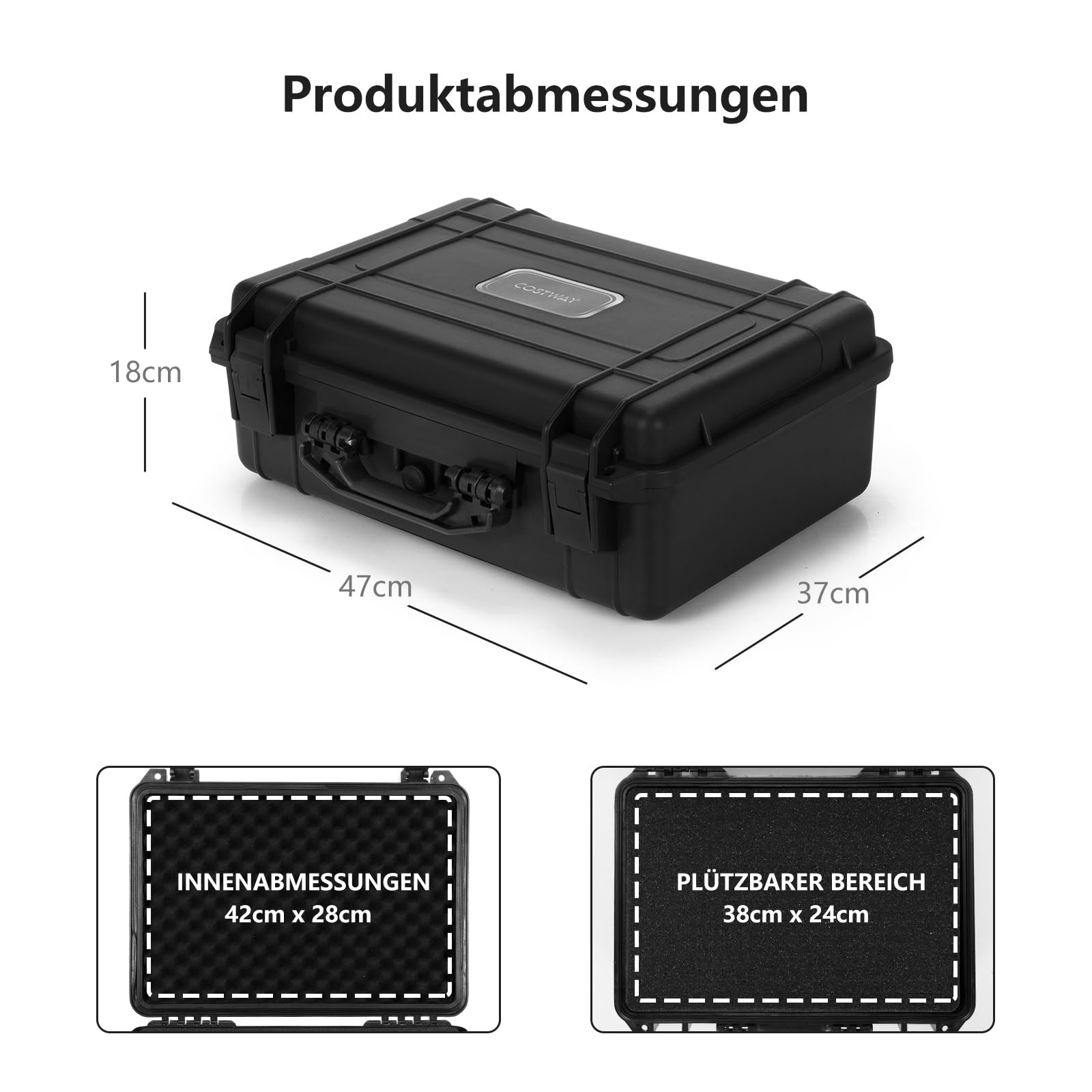 COSTWAY Hartschalen-Kamerakoffer, Unisversal anpassbar, Wasserdichter Hartschalenkoffer, Kamera-Schutzkoffer mit Schaumstoff, für Elektronik, Drohnen, Kameras und Schusswaffen (18")