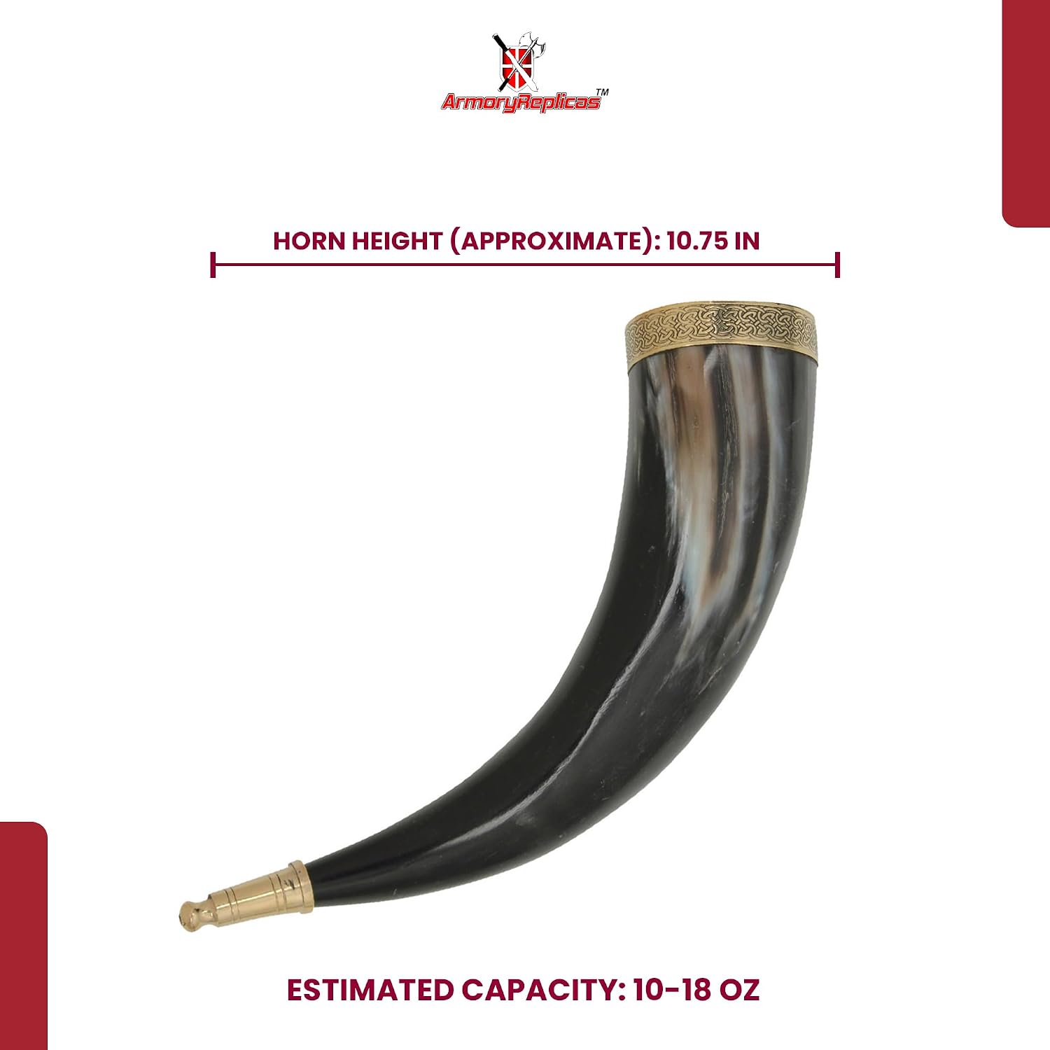 Armory Replicas™ Celtic Knot Brass Rim Drinking Horn with Brown Leather Frog – Natural Buffalo Horn Medieval Style Beer & Ale Cup