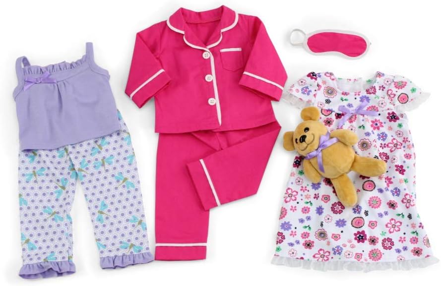 18-inch Doll Clothes and Accessories 7 PC Value Bundle-Gift Set - 18" Doll Pajamas PJs Sleepwear, with Teddy Bear Accessory | Fits Most18 inch Dolls
