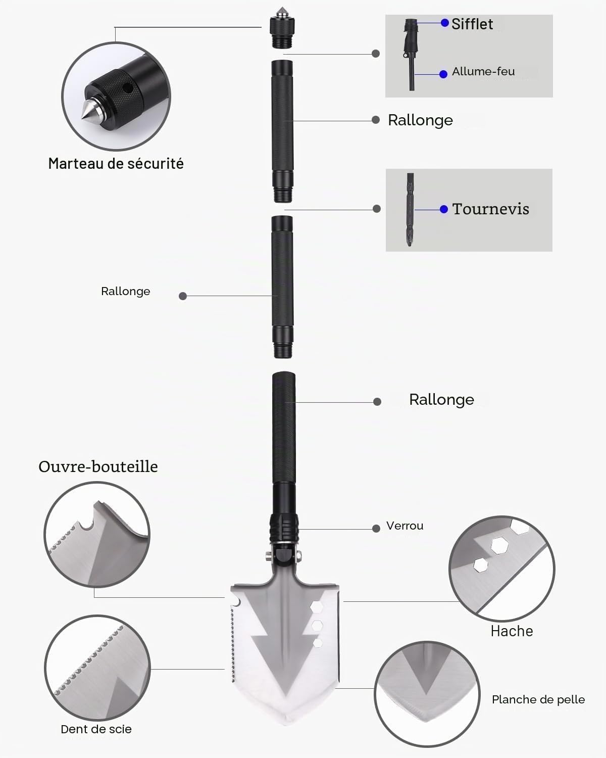 Pelle Pliante, Multifonctionnelle Pelle Pliable 78cm，Pelle avec 3 Combinaisons de Longueurs, Pelle Pliable 180 Degrés, Pelle de Survie pour Camping, Hors Route, Randonnée, Jardin, Chasse
