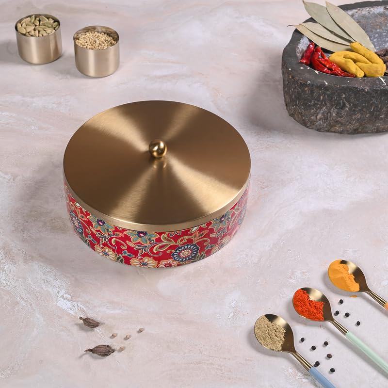 Wooden Masala Box for Kitchen — 7 Stainless Steel Jars with Wooden Spoon | Stainless Steel Brass Lid with Knob | Multipurpose Dry Fruit & Spice Storage – Royal Red & Golden (Printed)