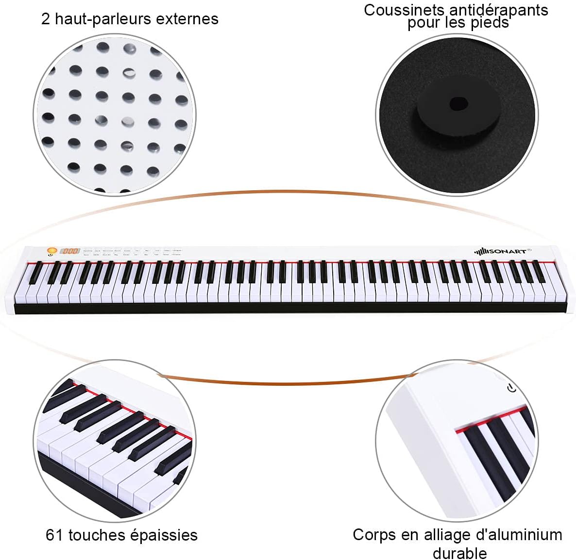 เกินview of the COSTWAY 88-Key Digital Piano highlighting features: two external speakers, anti-slip foot pads, 61 thickened keys (note: product is 88 keys, image might be generic or showing a detail), and a durable aluminum alloy body.