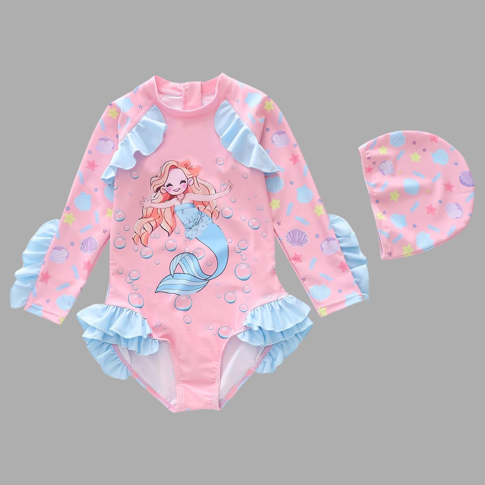 Generisch Bañador para niña con mangas largas y ribete de volantes florales, protección solar para niños pequeños y escolares