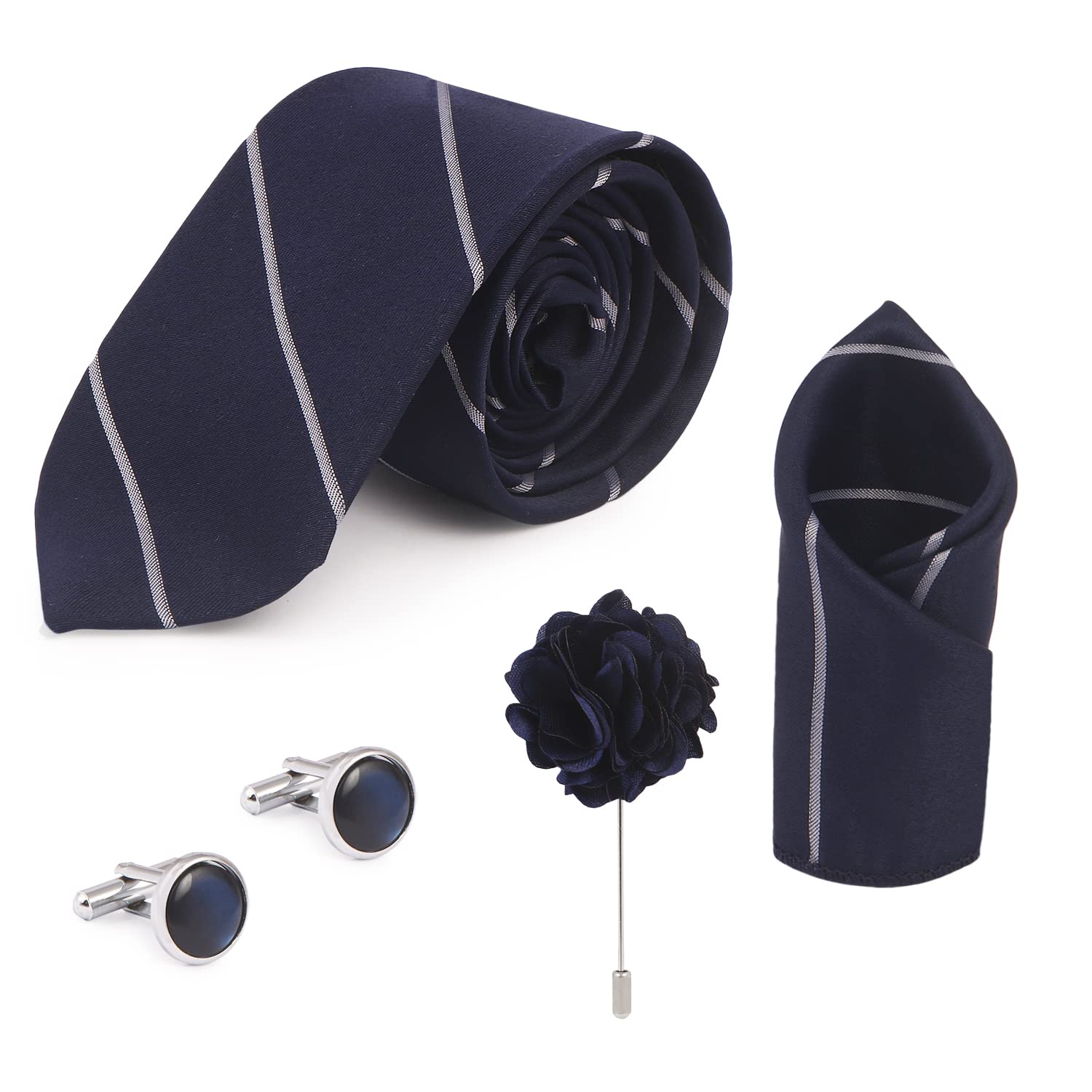 neuroclub Men's Solid Micro Self Silk Necktie Gift Set With Pocket Square Cufflinks & Brooch Pin Formal Tie With Box-picture-53