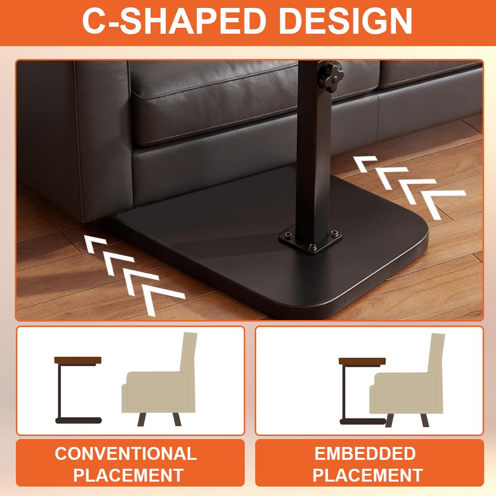 Tavolino girevole a 360°, a forma di C, regolabile in altezza, per soggiorno, con altezza regolabile da 45 a 80 cm, per letto o sedia con fessura per tablet per cellulare (nero)