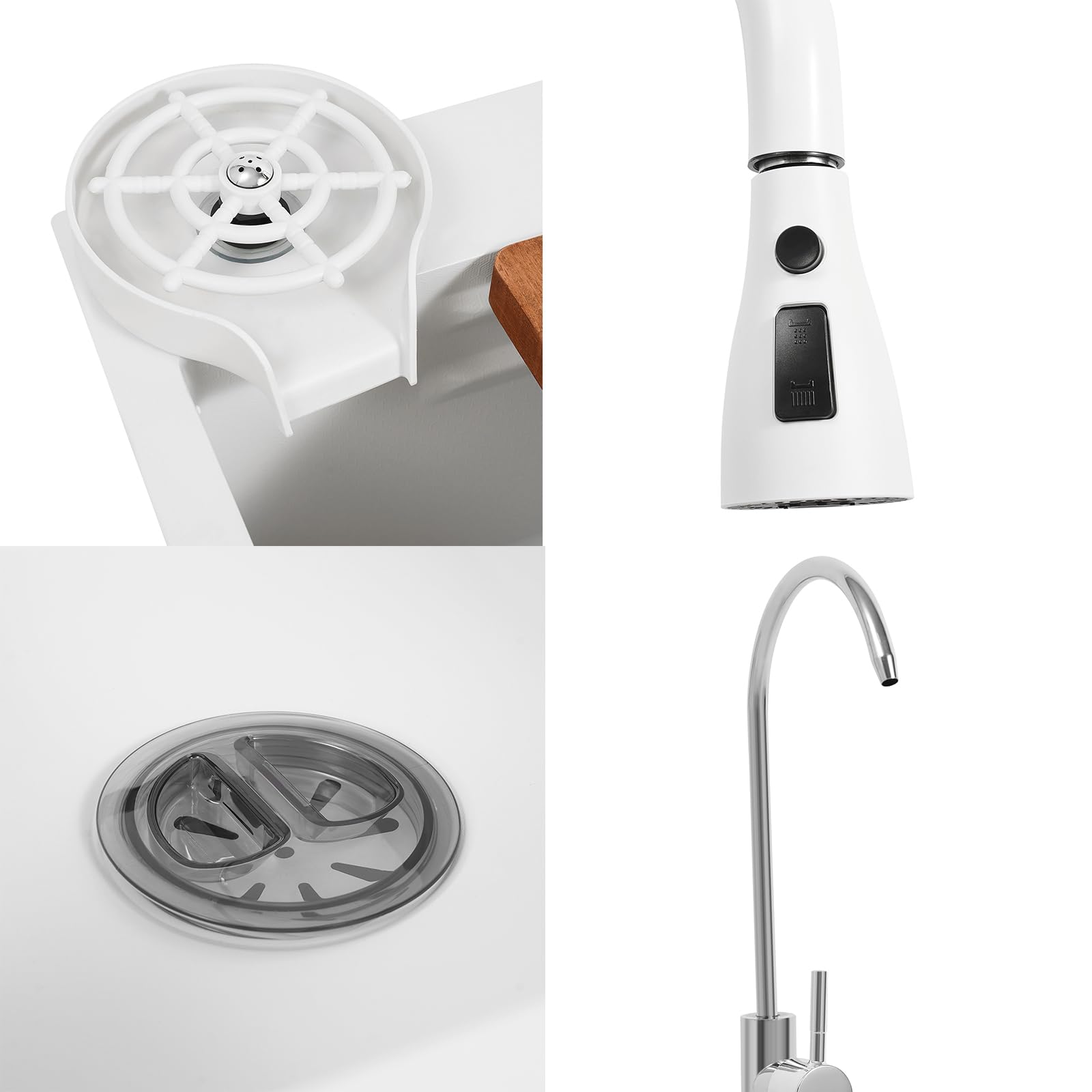Fregadero de cocina cascada de acero inoxidable, 80 x 46 cm, 1 seno, multifunción, con grifo extraíble, juego completo de accesorios (blanco, 80 x 46 x 22 cm)