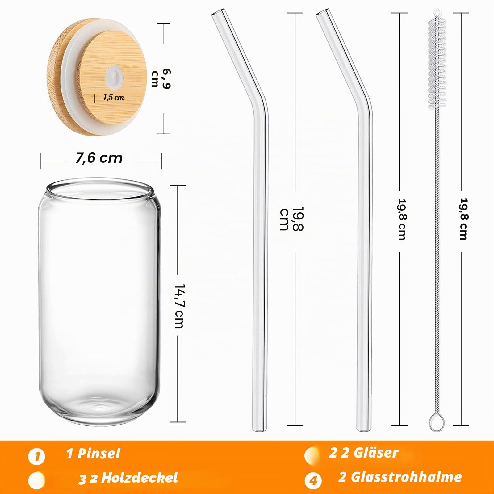 WISIMMALL Trinkgläser mit Bambusdeckel und Glasstrohhalm, 2-teiliges Set, 473 ml, dosenförmige Glasbecher mit Deckel und Strohhalmen, Biergläser, Eiskaffeegläser, Limonade, Geschenk, 1