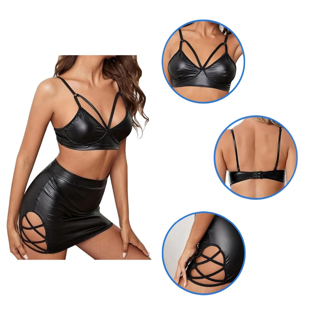 Jupes en cuir pour femmes avec haut, ensembles de lingerie en similicuir pour tenues club, mini-jupe noire bretelles croisées, tenue de rave métallique, vêtements nuit en cuir verni bretelles croisée