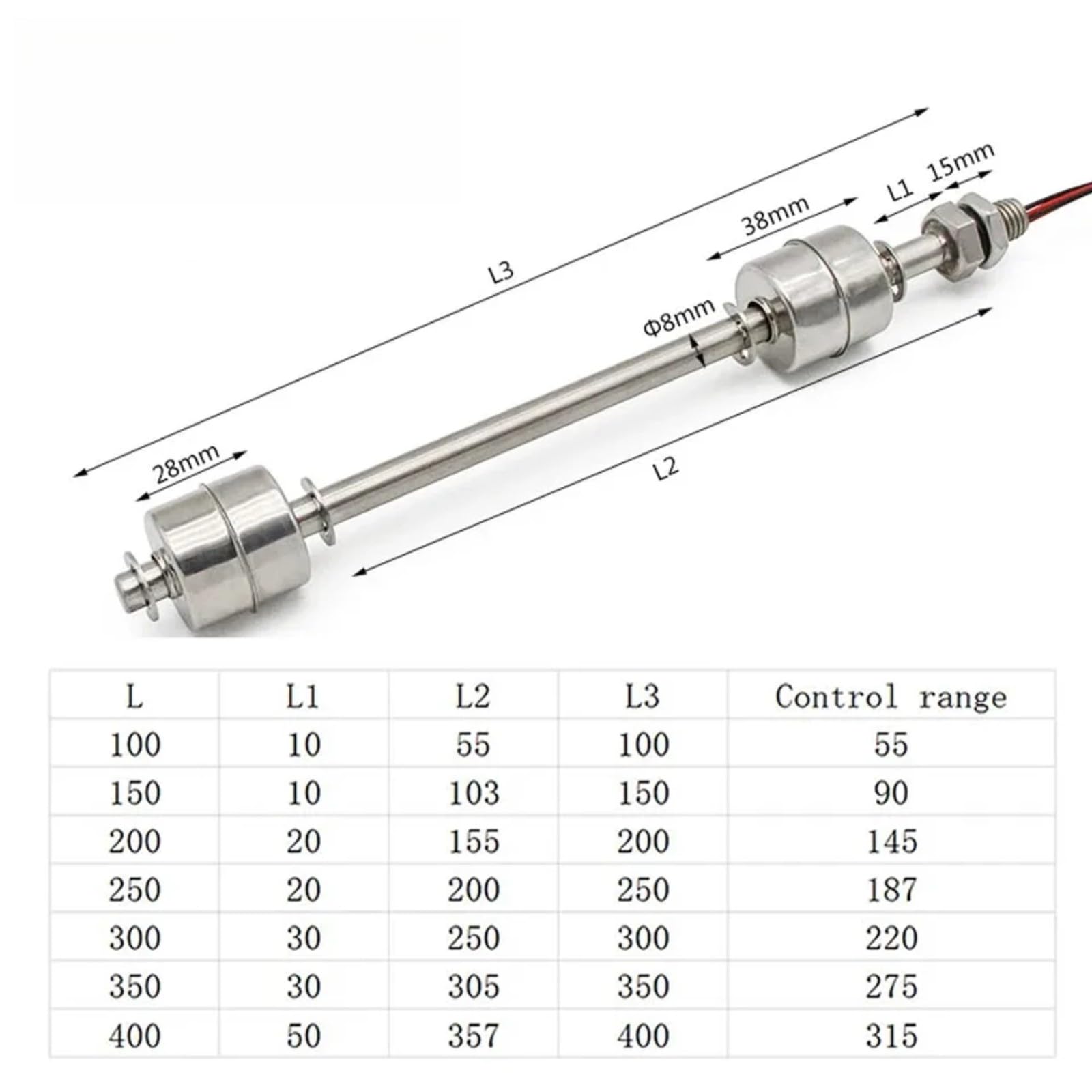 Interruttore galleggiante in acciaio inossidabile doppio sfera 10W 50W pom(200mm)
