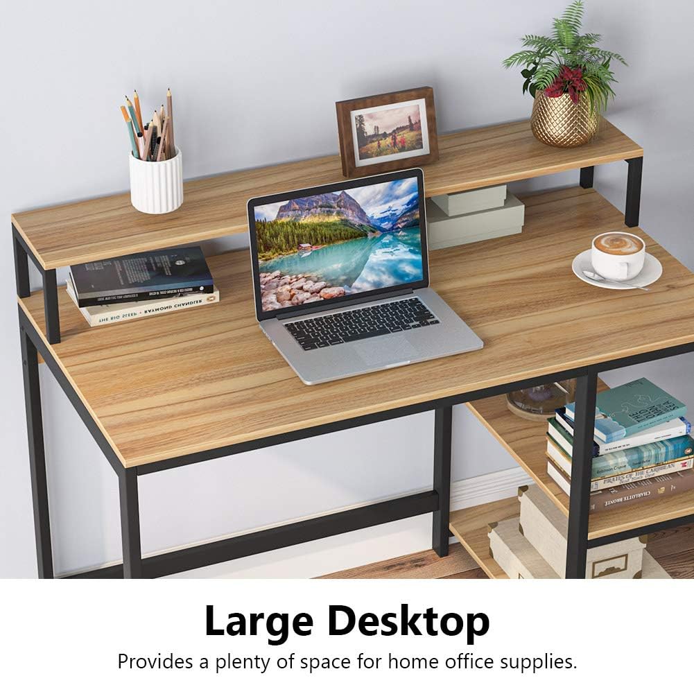 Priti Computer Desk with Storage Shelves Small Writing Desk with Bookshelf Industrial Home Office Desk with Metal Frame Study Table for Bedroom 3