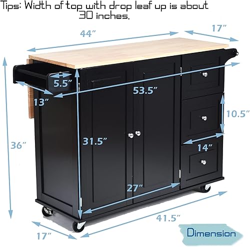 Miniatura 4 de GLACER Carrito de isla de cocina con ruedas, isla de cocina rodante con hoja caída, carrito de cocina con cajones, toallero y estante para botellas,