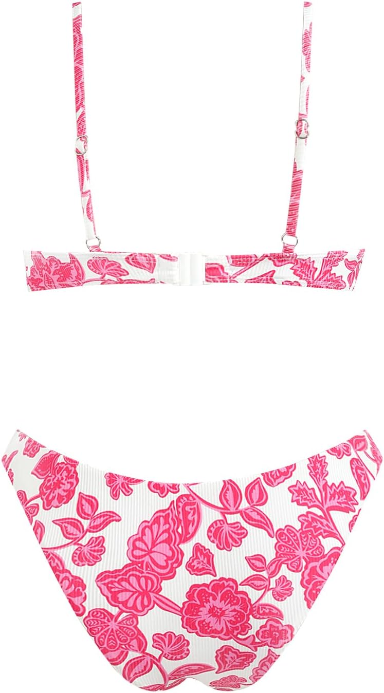 VOLAFA Women's Triangle Bikini Set Swimsuit Print Push Up Elastic Tie String Top Ribbed Two Piece Bathing Suit - Image 3
