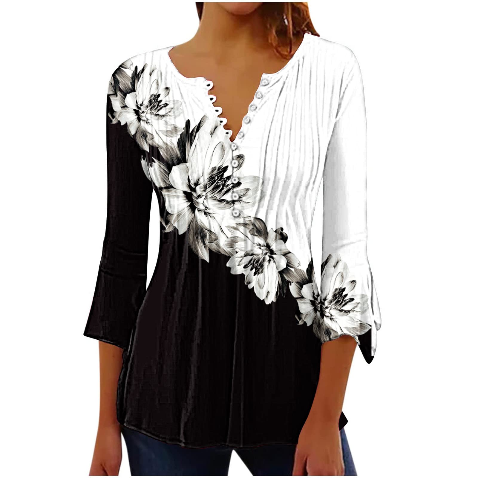 NUSGEAR Camiseta Manga Corta Mujer Verano 2023 Moda Impresión Camisa 3/4 Manga Blusa Cuello en V Botones Plisada Camiseta Elegant Suelto Tops Casual Fiesta Cómodo T-Shirt Original tee Playa
