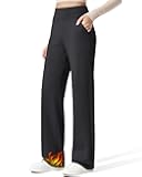 Women Fleece Lined Pants with Pockets Wide Leg Winter Thermal Work Trousers Dressy Casual Petite/Regular/Tall