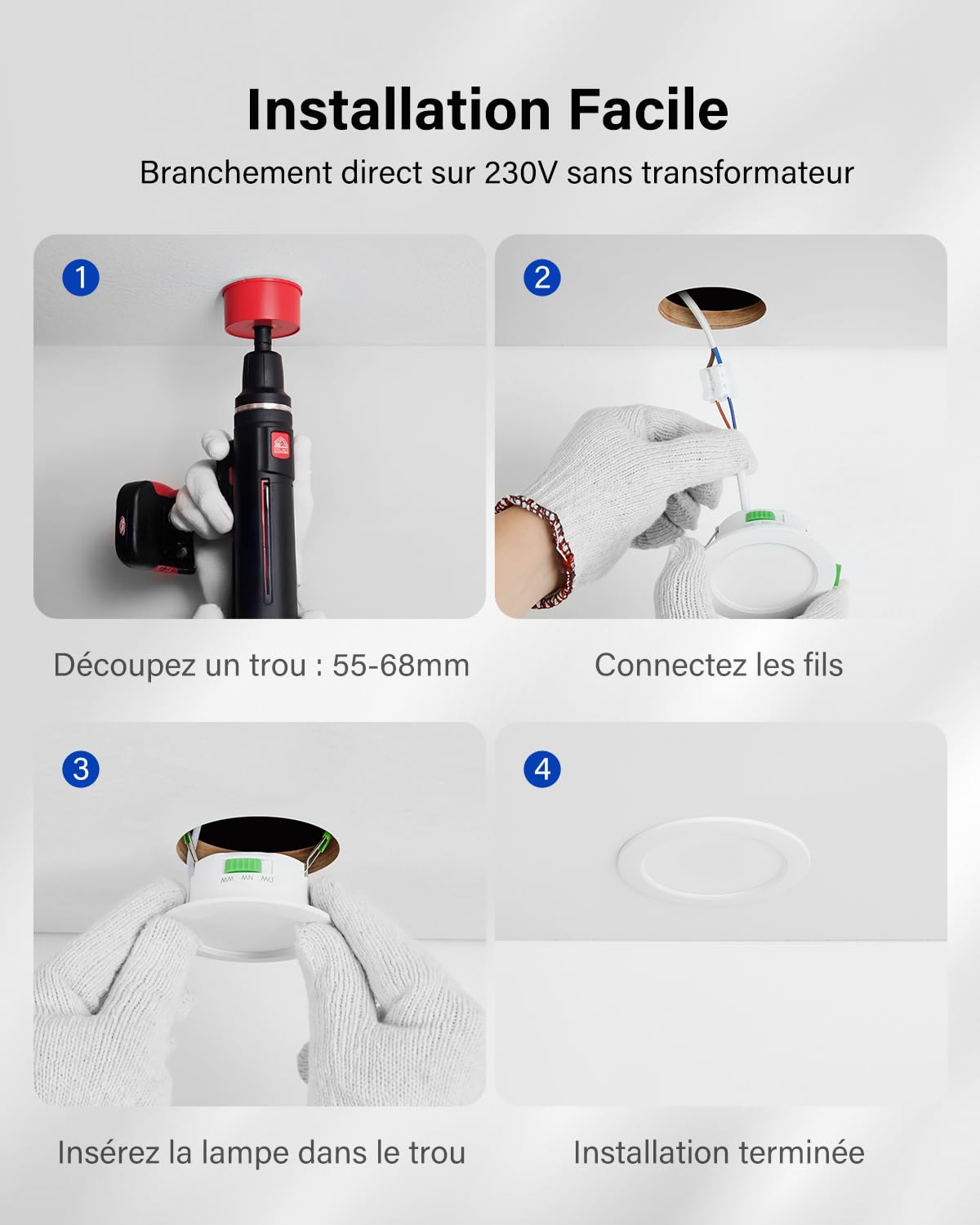Leselux Spot LED Encastrable 230V, Trou 55mm - 68mm, 4W Spot Salle de Bain IP44 Blanc Chaud 3000K Blanc Neutre 4000K Blanc Froid 6000K, Spots de Plafond Extra Plat pour Salon, Cuisine, Lot de 10