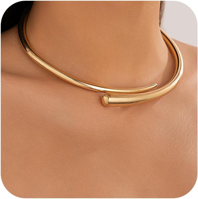 Gold Collar Necklace for Women Trendy Chunky Metal Choker Adjustable Round Open Cuff Necklace Summer Clavicle Chain Statement Hip Hop Gold Jewelry Accessories for Her