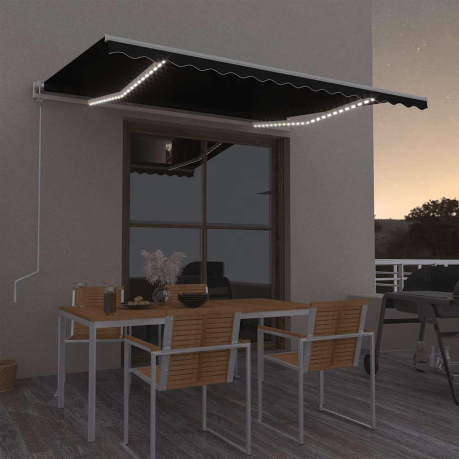 Tenda da sole con sensore automatico del vento e luci a LED, 400 x 350 cm, tessuto in poliestere con rivestimento in poliuretano, tenda da sole con braccio articolato per terrazza