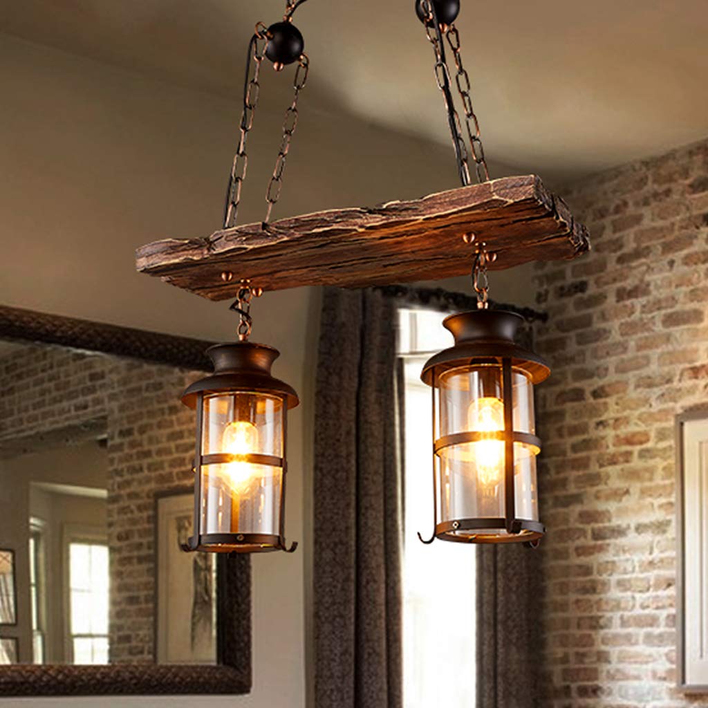 Vintage Pendant Lamp Antique Boat Wood Dining Table Hanging Lamp Height Adjustable E27 Retro Restaurant Lights Black Iron Lampshade Kitchen Coffee Shop Dining Living Room Loft Ceiling Light,2heads