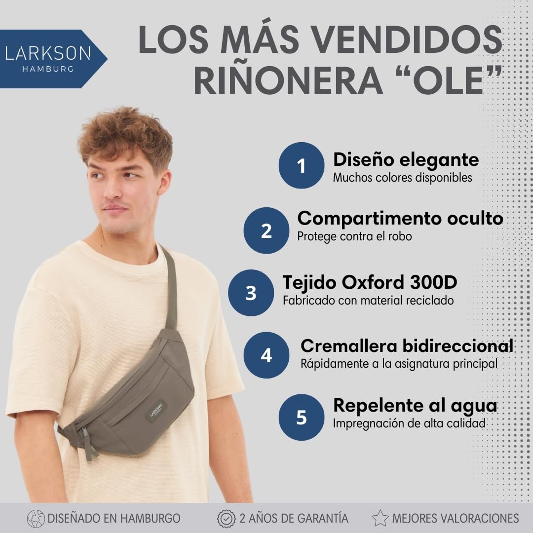 Larkson Riñonera Mujer y Hombre Gris - Ole - Bolsa en Bandolera para Festivales, Viajes y Deportes - Pequeña Bolsa de Cintura - Repelente al Agua