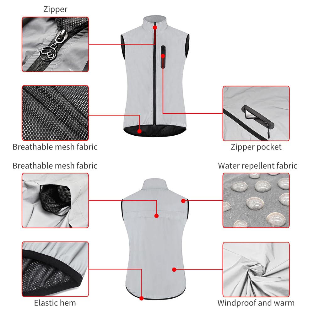 Chaqueta Ciclismo Unisex, Reflectante Chaleco Ciclismo Impermeable Chaqueta Para Correr, Transpirable Chaleco De Ciclismo Sin Mangas Cortavientos Ligero Chaqueta Para Exteriores