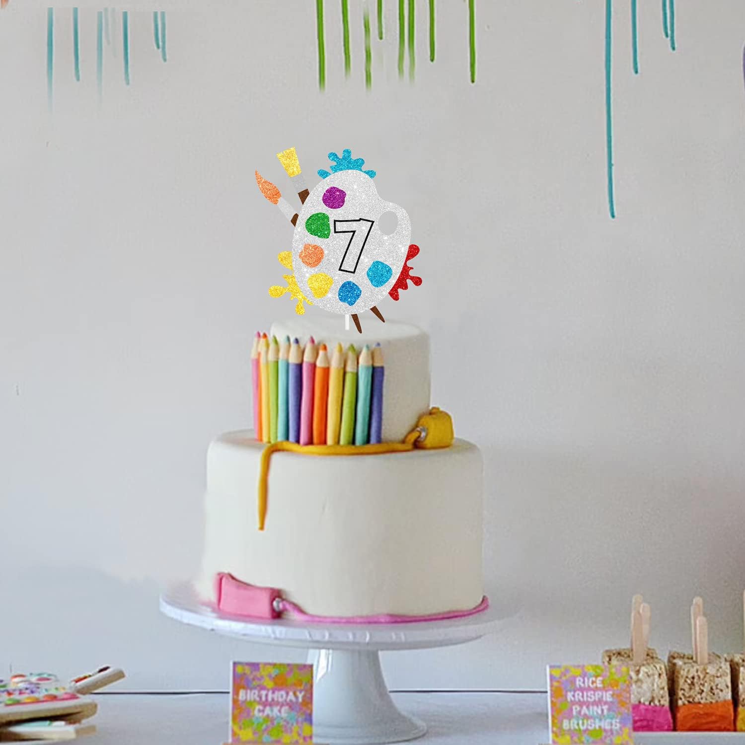 7th Slime Cake Topper - Art Themed Palette Painting Graffi Boy Girl Happy Birthday Party Decorations Supplies - Seven Years Old Birthday Cake Decor