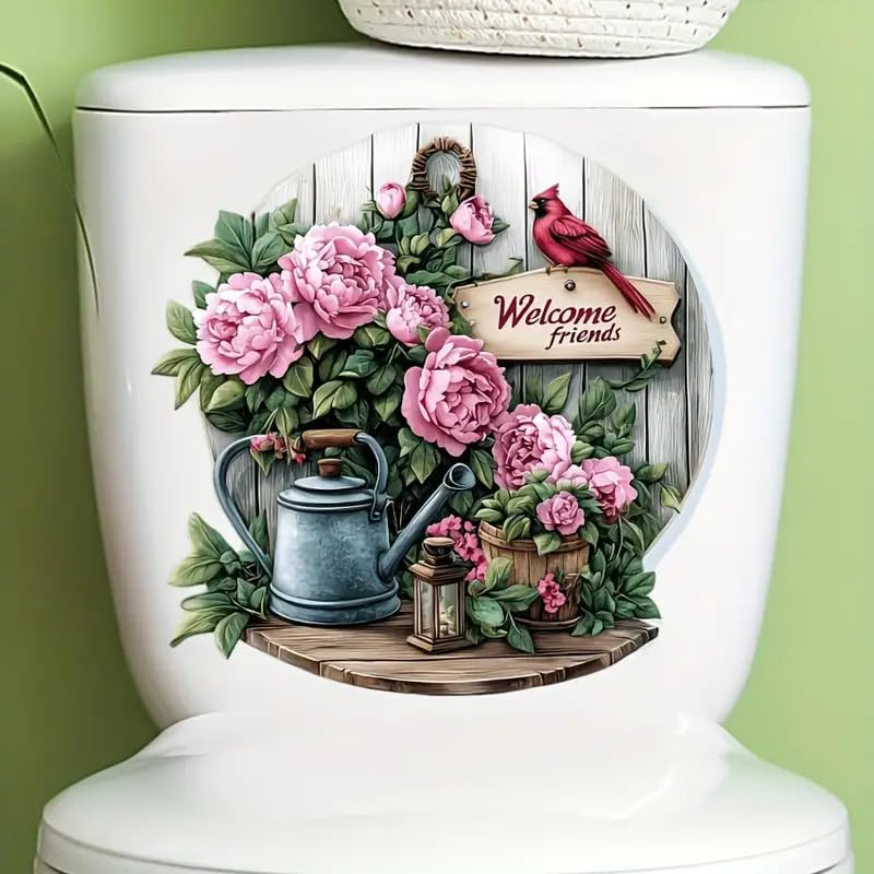 Retro Floral Peony Toilet Cover Sticker Decals,Fish Bird Flower Leaf Waterproof Toilet Lid Tank Seat Decals Cistern Self-Adhesive Bathroom Wall Sticker