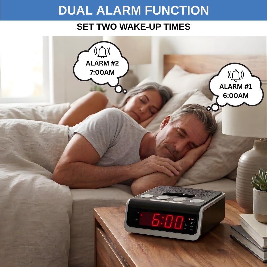 Reloj despertador digital con radio estéreo FM, pantalla LED roja, alarma dual, temporizador de repetición y sueño, entrada AUX, base de 30 pines, respaldo de batería, reloj compacto para mesita de