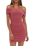 Women's Sexy Elegant Off The Shoulder Mesh Short Sleeve Ruched Bodycon Cocktail Party Mini Dresses