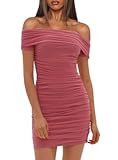 Women&apos;s Sexy Elegant Off The Shoulder Mesh Short Sleeve Ruched Bodycon Cocktail Party Mini Dresses