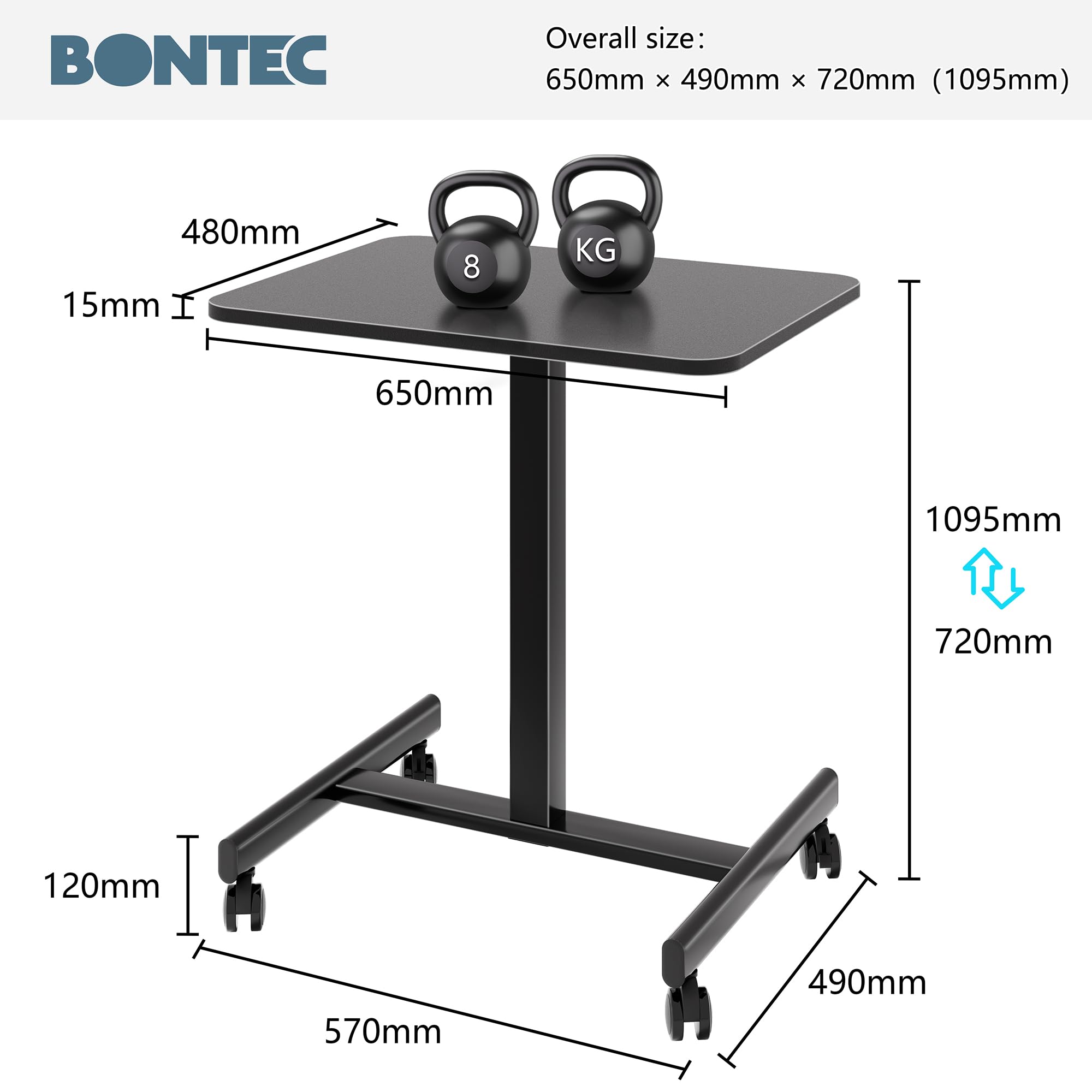 BONTEC Scrivania Regolabile in Altezza con 4 Ruote, Scrivania Salvaspazio, Scrivania Portatile Ergonomica per PC, Tavolino da Letto Pieghevole, 65x48 cm, Scrivania per Casa e Ufficio, Tavolo da Lavoro