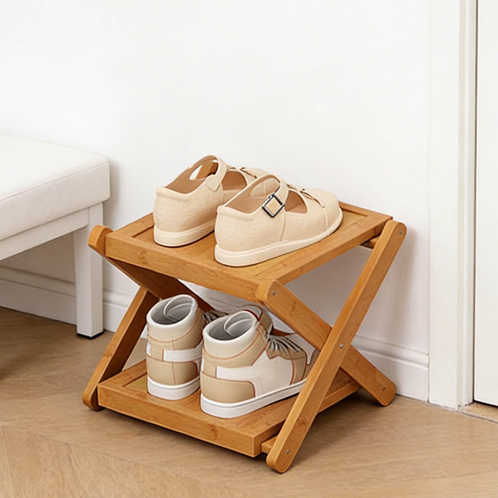 The 9-Tier No-Assembly Bamboo Rack, 2026 Upgraded Foldable 9 Tier Bamboo Corner Shoe Rack, Space-Saving Organizer for Shoes, No Assembly Narrow Shoe Shelf for Entryway Closet Dorm (Khaki-2 Layers)