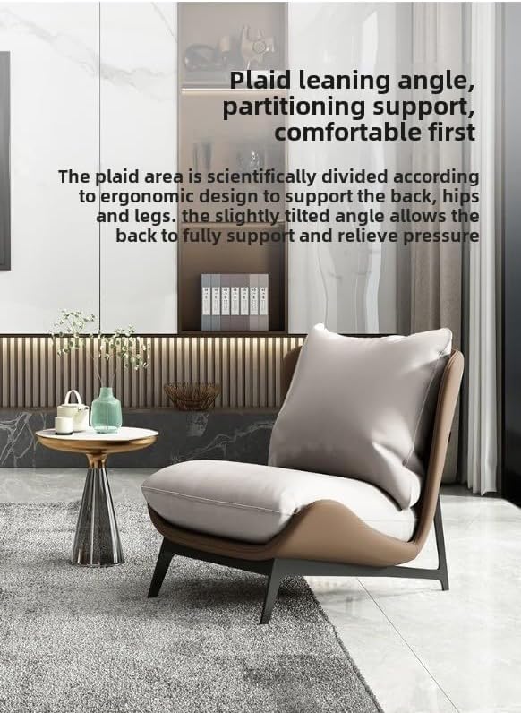 Modern Minimalist Lounge Chair with Ergonomic Design and Comfortable Cushions (Brown Leather Base Beige Microfiber Leather Soft Bag)