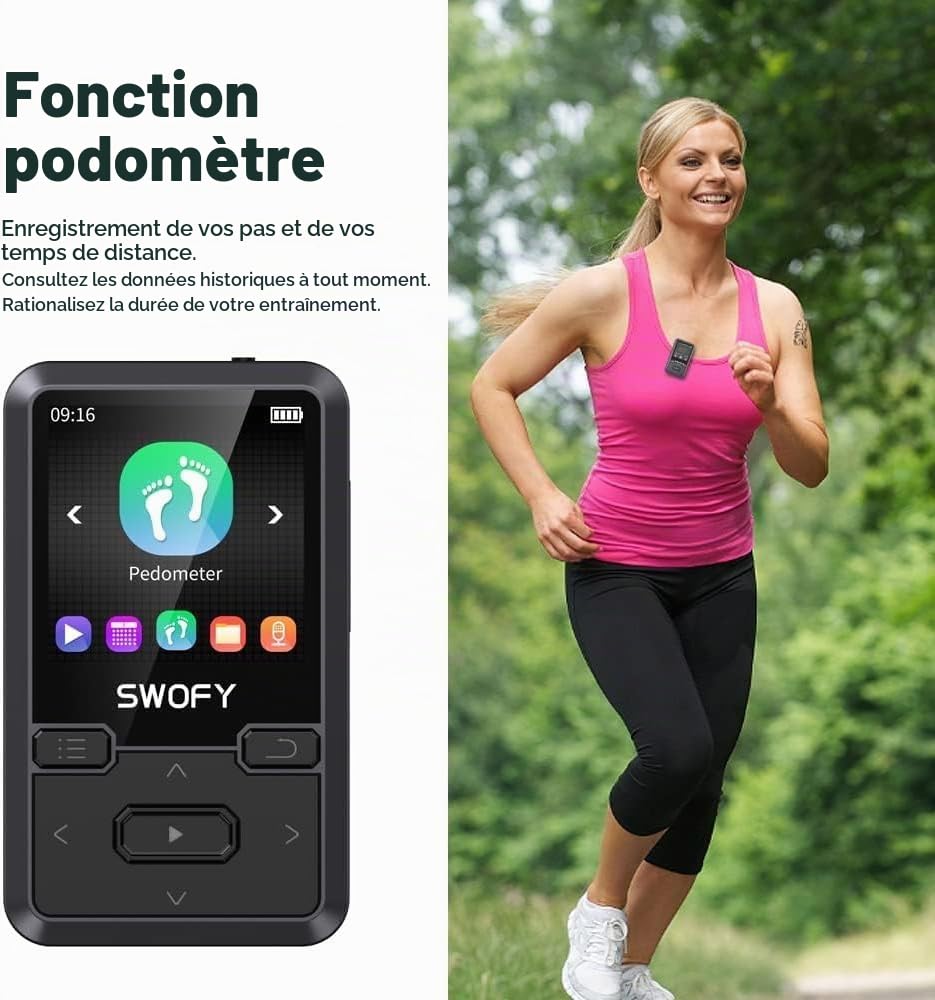SWOFY Lecteur MP3 Bluetooth 5.0 avec clip sport, lecteur de musique mini portable 32 Go avec écouteurs, radio FM, compteur de pas, enregistrement vocal, prend en charge une carte SD jusqu'à 128 Go