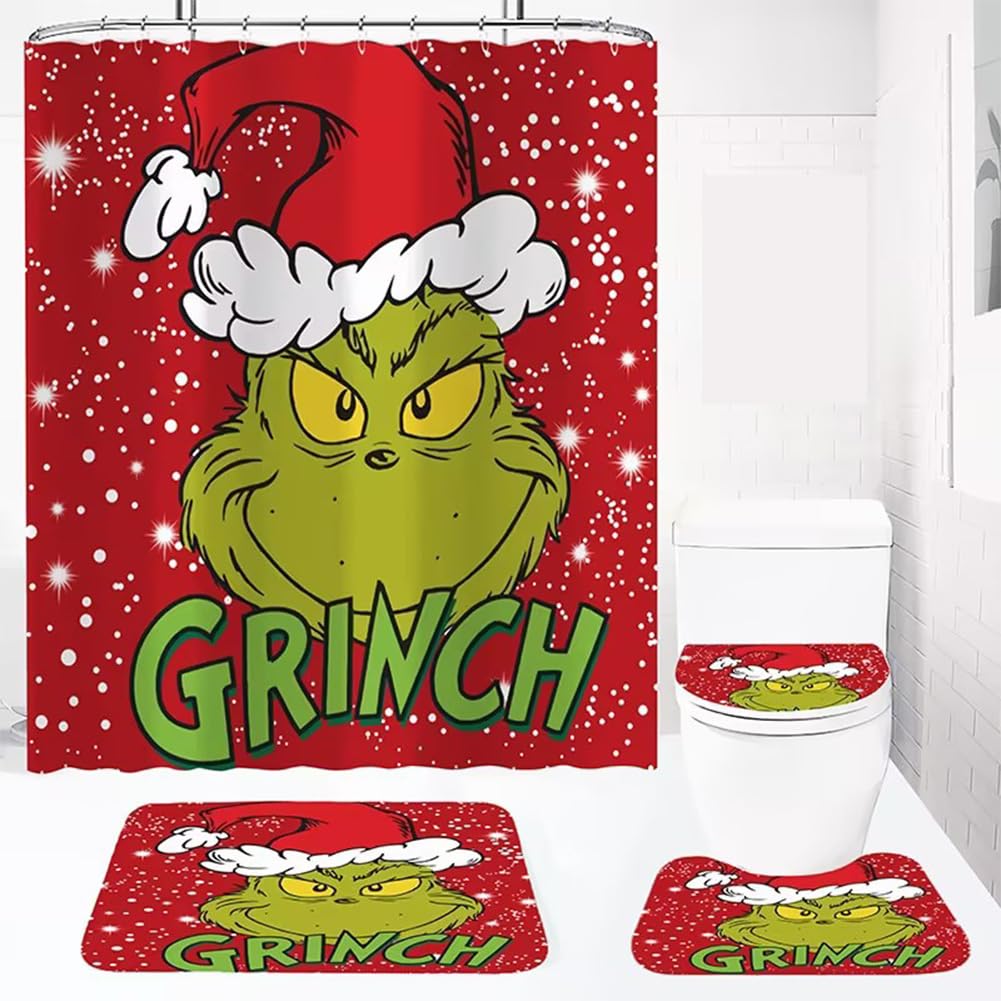 4Pcs Merry Christmas Shower Curtain Set with Non-Slip Rugs, Toilet Lid Cover and Bath Mat, Christmas Shower Curtain with 12 Hooks Home Christmas Decoration