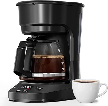 WAA 5 Cup Programmable Drip Coffee Maker, Portable Coffee Machine with Glass Pot and Reusable Filter, Keep Warm Plate, Delay Brew and Auto Shut-Off, 25oz Water Reservoir, Black