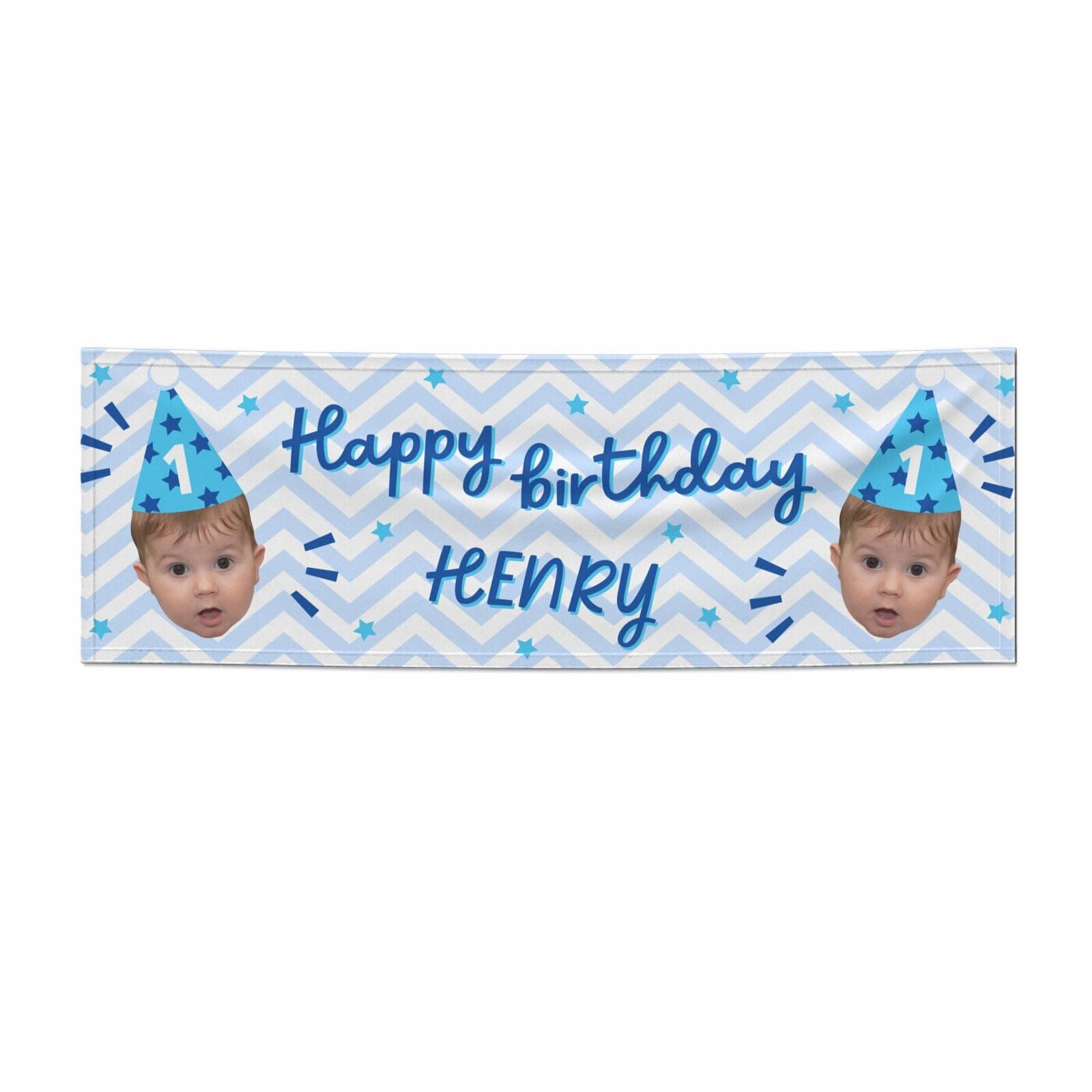 Personalised Happy Birthday Face Banner 5.85ft x 1.95ft Custom Photo Name Age Party Decoration, Satin Coated Paper Indoor Banner with Birthday Hat Design