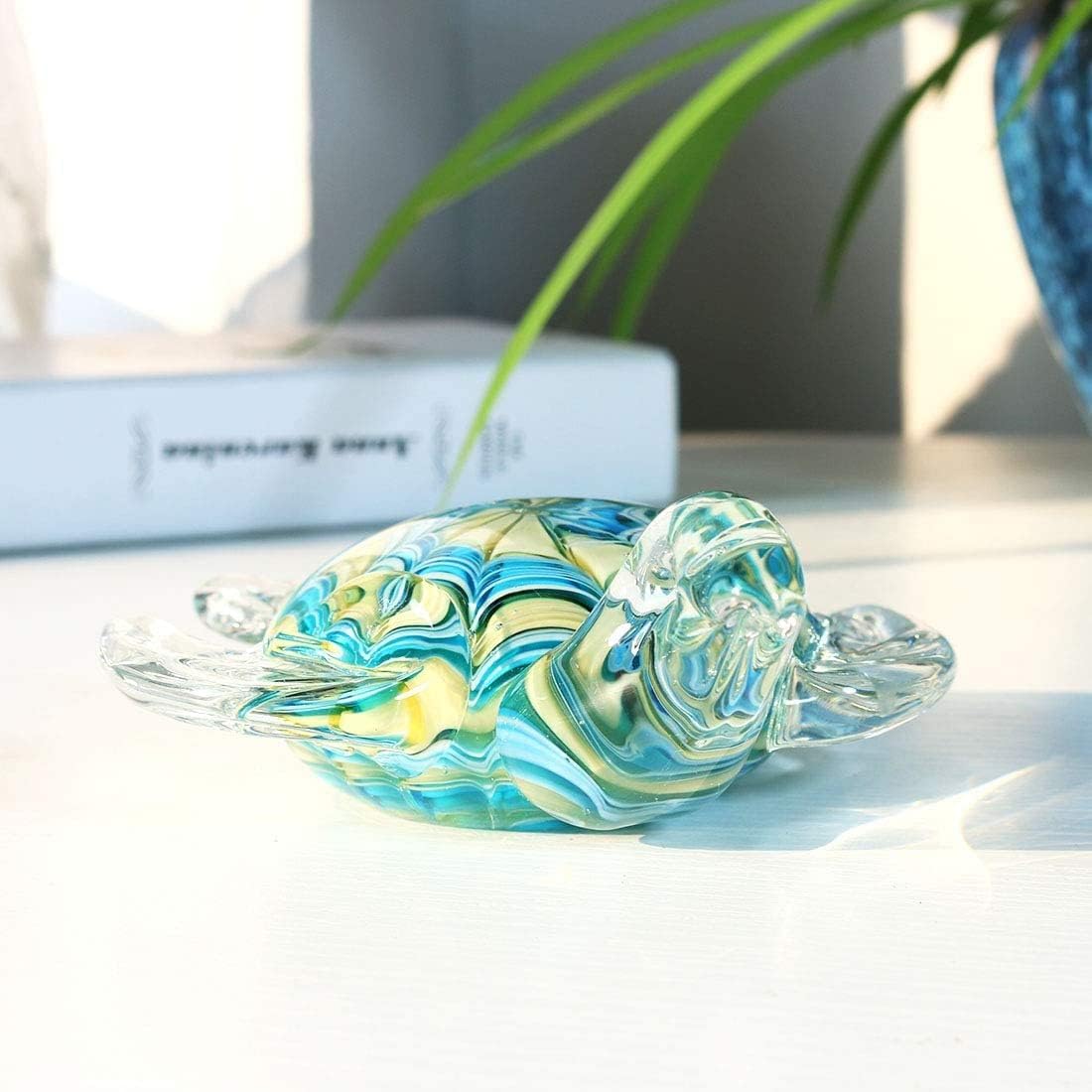 HDCRYSTALGIFTS Statuetta ornamentale in vetro soffiato a forma di tartaruga marina, ornamenti marini in vetro fatti a mano per soggiorno interno