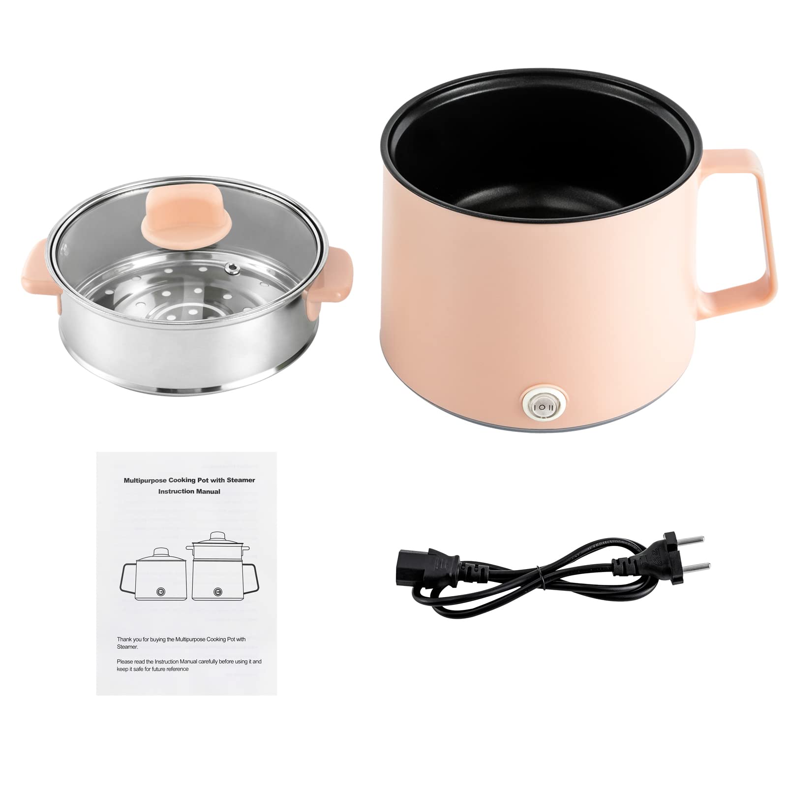 Olla eléctrica, 600 W, olla caliente Ramen Cooker, olla antiadherente con cesta de vapor, sartén multifunción eléctrica portátil para hogar, oficina y dormitorio (rosa)