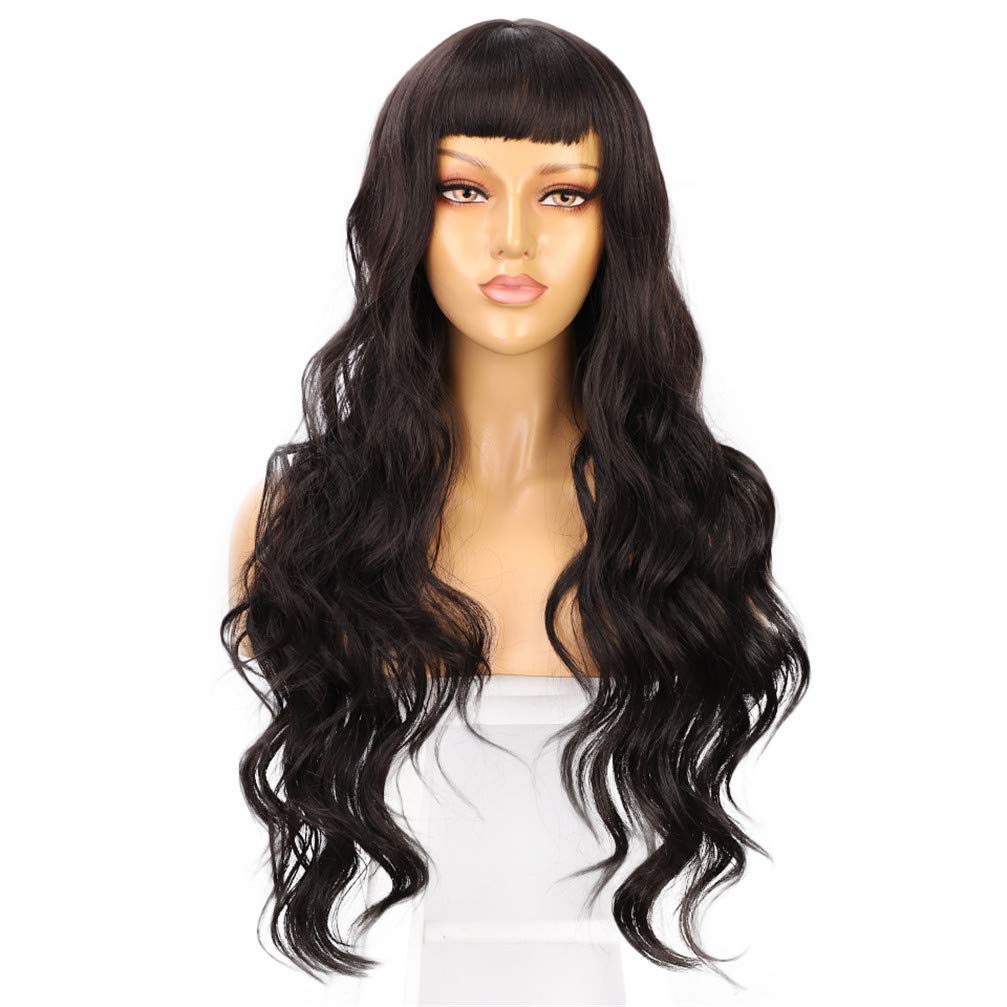 Perruque synthétique longue noire à frange idéale pour vos soirées et looks quotidiens
