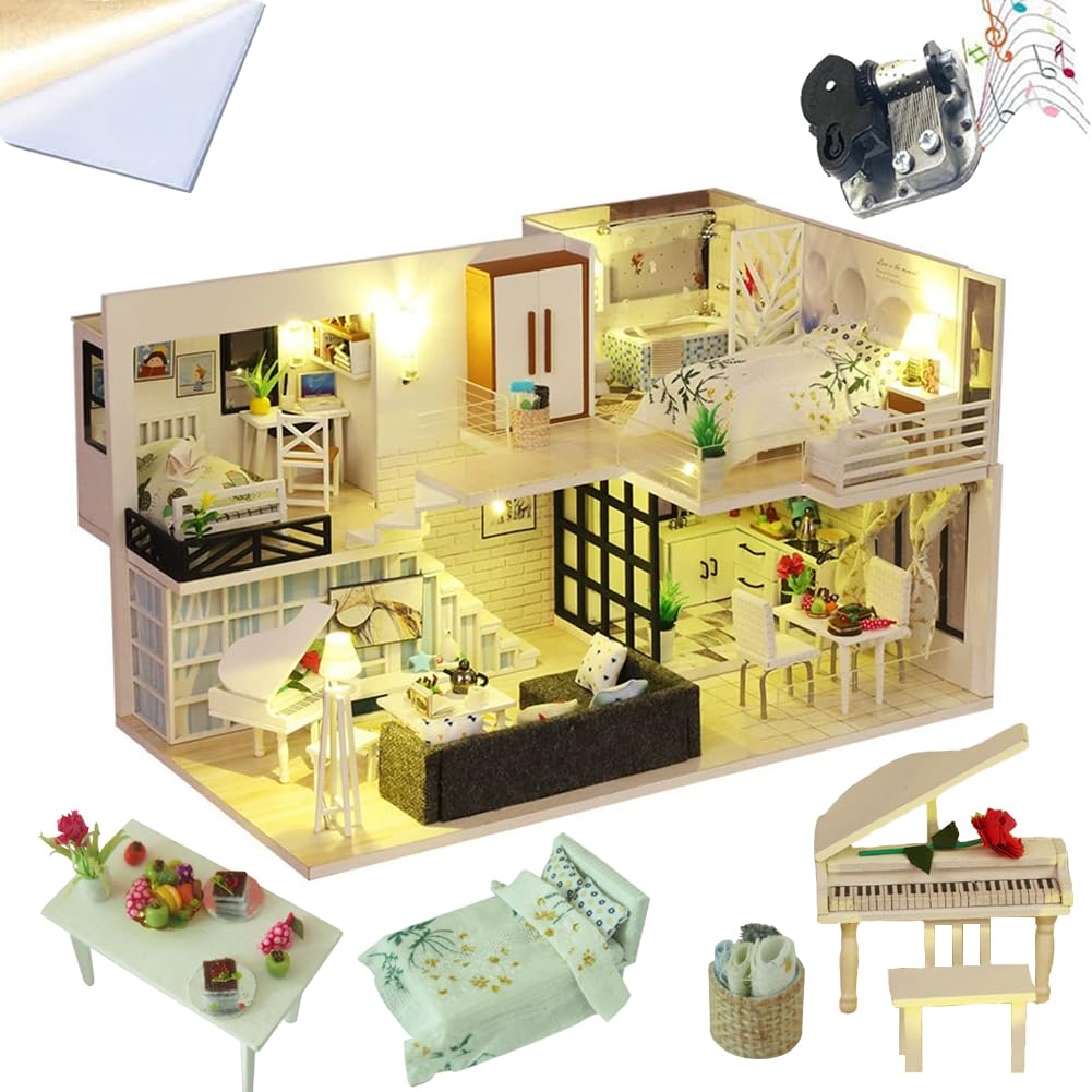Kit fai da te in miniatura per casa delle bambole a 2 piani, modello moderno in legno con luci a LED, kit di costruzione fai da te, regalo creativo per hobby per adulti e ragazzi
