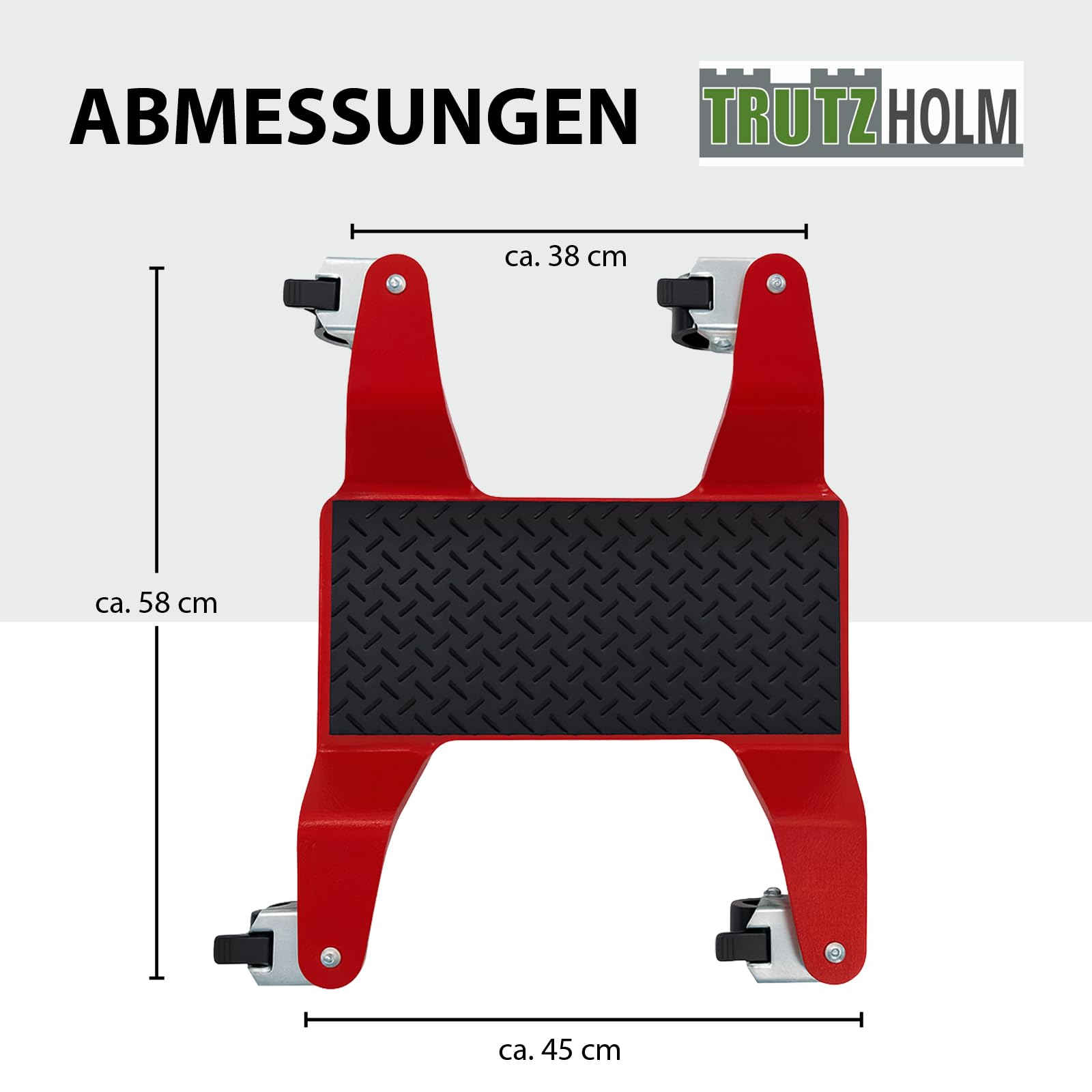 TRUTZHOLM Rangierhilfe für Motorrad mit Hauptständer Tragkraft 450 kg Rangierplatte extra-flach mit 4x Doppenrollen 360° schwenkbar und 4x Feststellbremse Rangierroller 10 mm dicker Stahl in rot