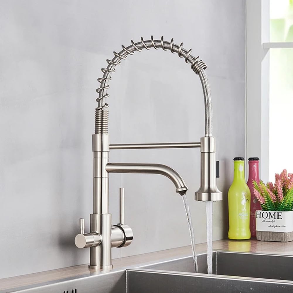 FCXWEVR Brushed Nickel Kitchen Faucet with 360° Rotation Dual Mode Hot & Cold Water Filter Tap Brass Construction for Purification and Easy Use