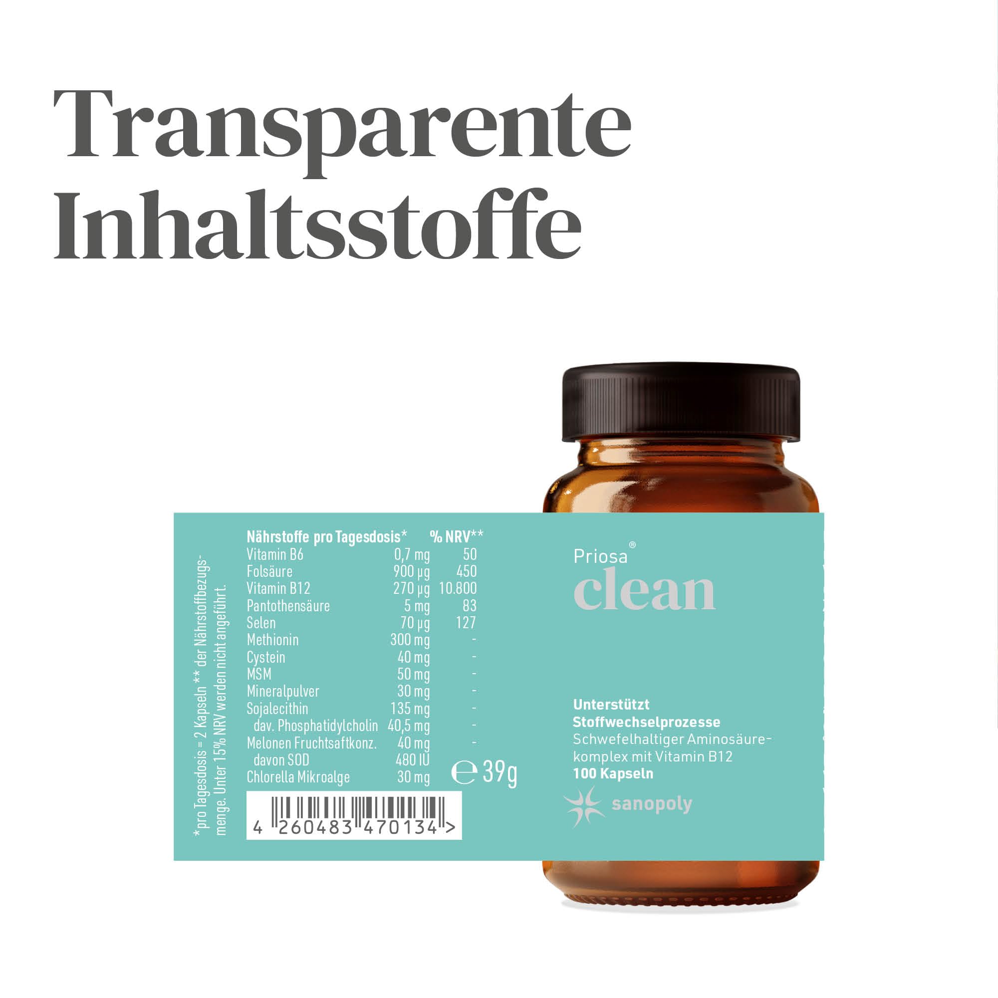Priosa® CLEAN – Aminosäuren- & Schwefel-Komplex mit Vitamin B12, 100 Kapseln I Vitalstoff-Mix & Schwefel-Lieferant I Mit L-Methionin, L-Cystein, MSM, & B-Vitamine I Vegan
