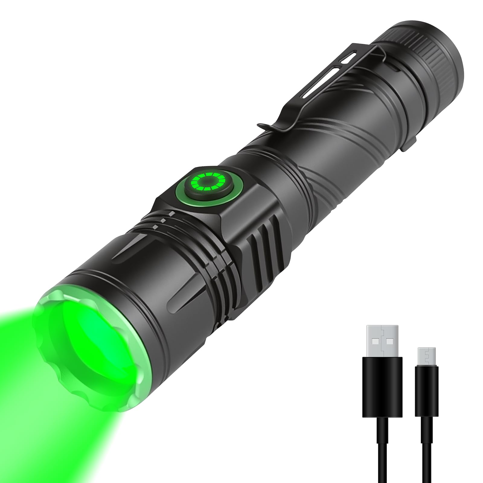 WindFire Green Light Torch Rechargeable, Green Hunting Torches with Clip, Single Mode Mini LED Tactical Flashlight for Hunting Coyote Hog Varmint, Night Fishing
