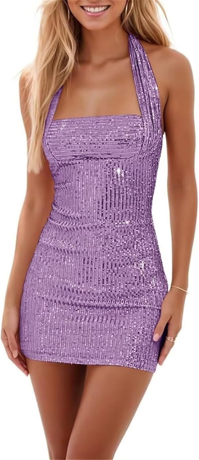LLECDASEUI Sparkly Sequins Homecoming Mini Dress for Teen Girls, HOCO Halter Wrap Short Dresses, Cocktail Prom Gown (M,Purple)