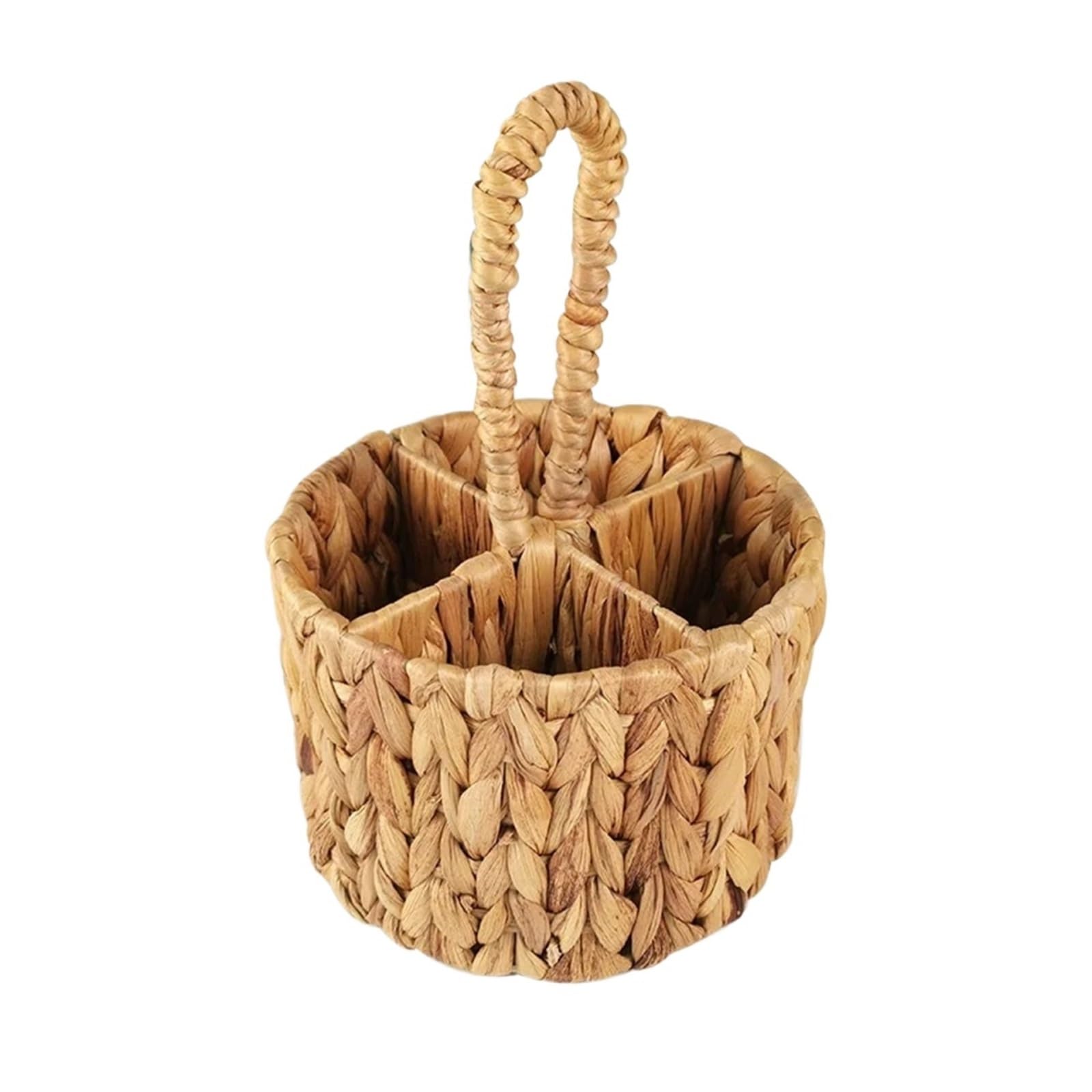 Rattan Wicker Storage Basket Hand Woven Flatware Organizer Round Box Water Hyacinth Cutlery Holder